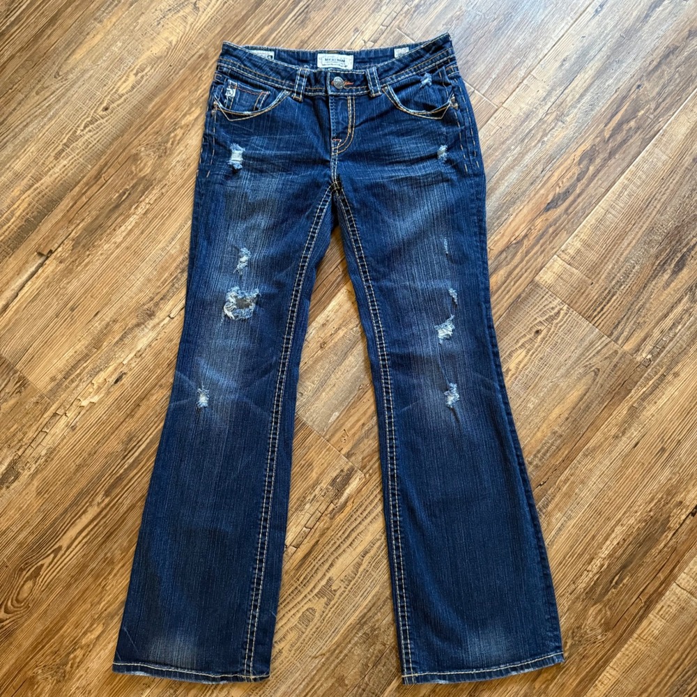 Mek Denim Las Tunas Bootcut Jeans Womens 29 Dark Wash Distressed Buckle Boho Y2K